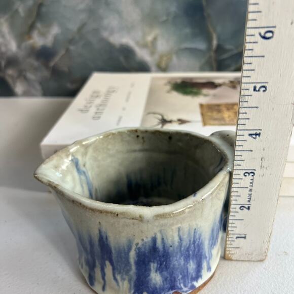 Studio Art Pottery Creamer Cup Handle Blue Gray Stoneware Freeform Drip Glaze - Picture 7 of 8